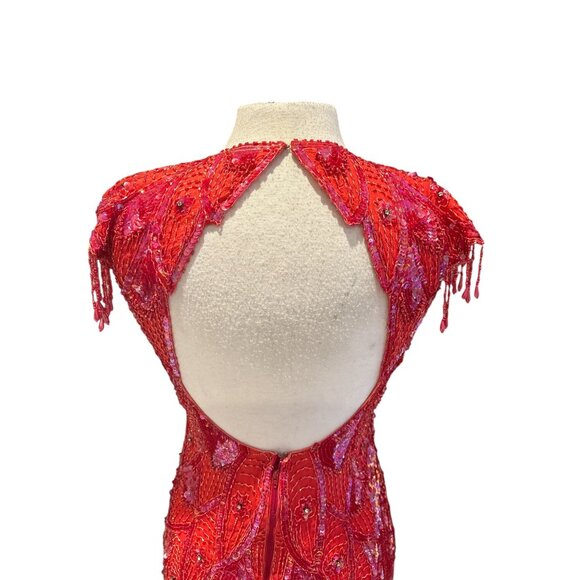 Vintage Gunit 80s Red Beaded Fringe Cocktail Dress With Open Back & High Necklin - Picture 5 of 12